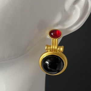 Art Deco Pierced Earrings Red Glass Cabochon Matte Gold Tone Machine Age Kinetic