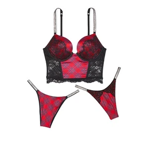 Victoria's Secret Bombshell + 2 tazas de encaje a cuadros de encaje corsé superior conjunto tanga - Imagen 1 de 14