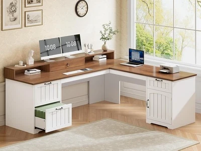 63" L Shaped Office with Drawers, Farmhouse Corner Computer Desk for Home Office - Image 1 of 4