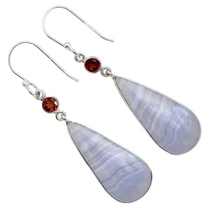 Natural Blue Lace Agate & Garnet 925 Sterling Silver Earrings Jewelry E-1002 - Picture 1 of 5