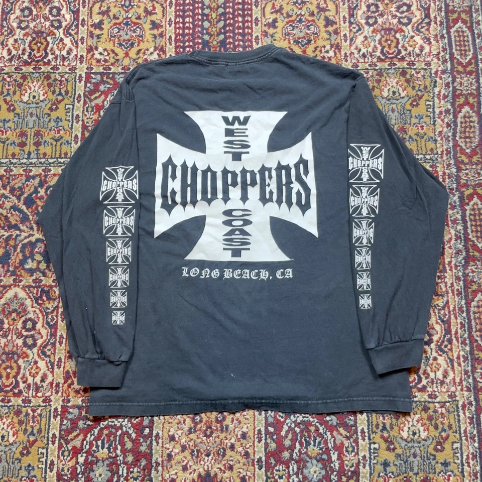 Camiseta De Colección Años 90 y2k West Coast Choppers Manga Larga Rayas XL Desteñida Negra Logo Foto 1 de 4