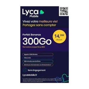 Carte SIM prépayée Lyca Mobile Appel SMS Illimité 300Go Internet sans abonnement - Photo 1/2
