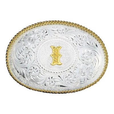 Montana Silversmiths Initial Silver Engraved Gold Trim Western Belt Buckle - Image 1 of 4