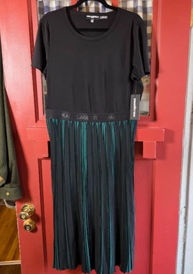 Karl Lagerfeld Women's Black Green Short Sleeve Dress Pleated Skirt Size L NWT - Image 1 of 4