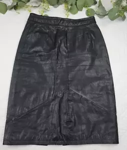 VTG Pelle Cuir Black Leather Pencil Skirt 100% Leather Size 14 Made in Korea - Picture 1 of 8
