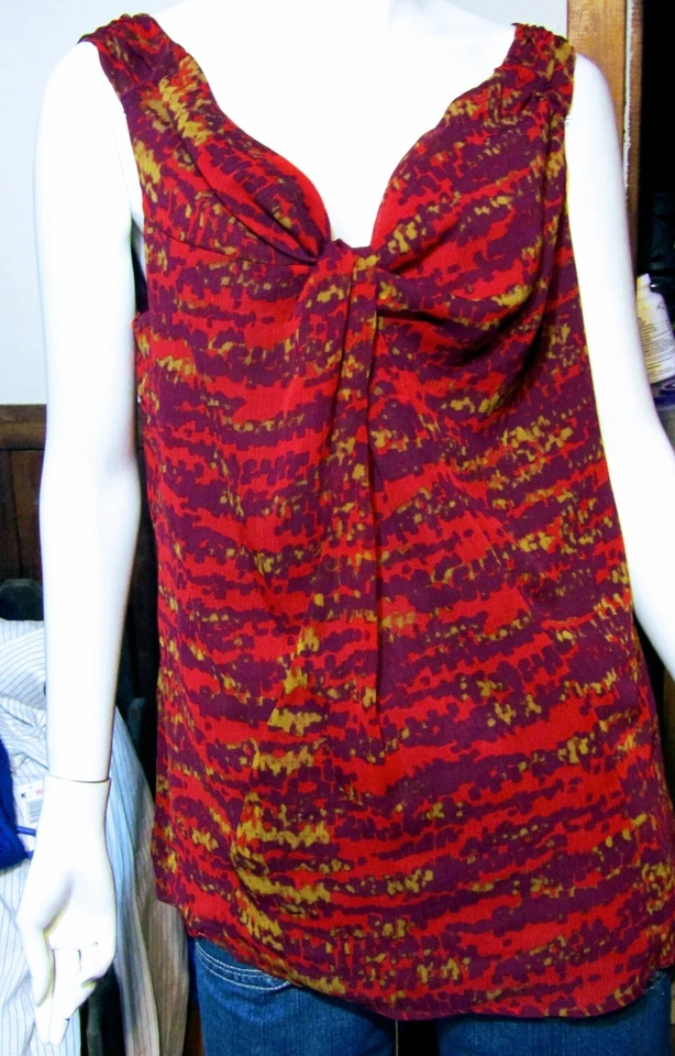 ATENCIÓN VERANO MUJER L CAMISETA SIN MANGAS GEOMÉTRICA ROJA/PÚRPURA/DORADA NUEVA CON ETIQUETAS Foto 1 de 1