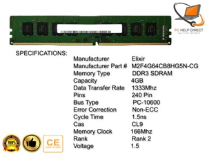 ELIXIR 4GB 2Rx8 PC3-10600U-9-10-B0 1333MHZ 240PIN 1.5V NON ECC UNBUFFERED DIMM - Picture 1 of 2
