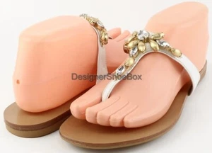 $150 JOAN & DAVID KALYNDA White Patent Leather Designer Jeweled Thong Sandals 8 - Picture 1 of 4
