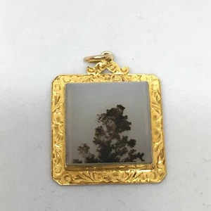 Victorian Natural Stone 14K Gold Pendant One Inch Square Engraved Antique - Picture 1 of 4