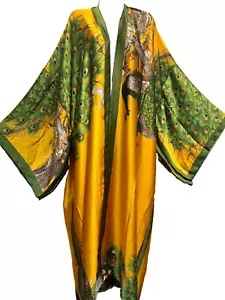 Nwt FUNKY STUFF boho peacock satin maxi open TOP DUSTER CARDIGAN 5X Free shippin - Picture 1 of 11