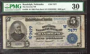 1902 $5 SECURITY NATIONAL BANKNOTE CURRENCY RANDOLPH NEBRASKA PMG 30 VF (930H) - Picture 1 of 2