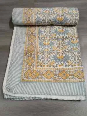Indian Handmade Throw Kantha Quilt Floral Hand Block Print King Size Bedspread - Image 1 of 4