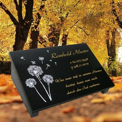 Grabstein Grabplatte Granit 30x20x1 cm mit Stütze Grabschmuck Gravur Pusteblume