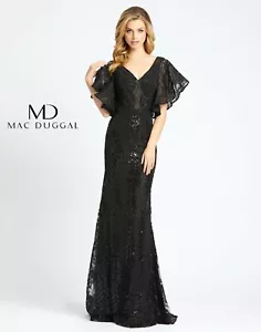 MAC DUGGAL 20103D Black Flutter Cape Sleeve Beaded Embroidered Lace Maxi Gown 6 - Picture 1 of 8