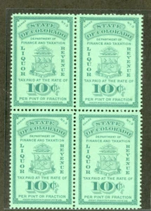US Stamps # #3 Series Liquor Tax 10c Colorado Liquor Tax XF OG NH Block Of 4 - Picture 1 of 1
