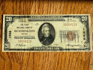 1929 $20 Note First National Bank Of Bloomington Indiana 1888 Very Fine Scare - Picture 1 of 3