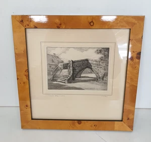 T S Allan Litho Etching Print Triangular Bridge Crowland in Wood Veneer Frame - Picture 1 of 12