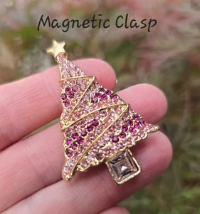 Pink Christmas Tree MAGNETIC brooch. Holiday tree jewelry scarf sweater pin. - Picture 1 of 4