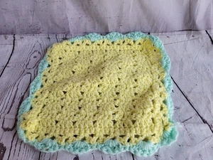 Crocheted Yellow Mint Green Baby Doll Blanket About 11x11in Handmade? - Picture 1 of 5