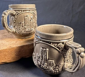 Set of 2 German Stein Mug Collectible Rheinstein/Bacharach/Drachenfels, TAUPE - Picture 1 of 11
