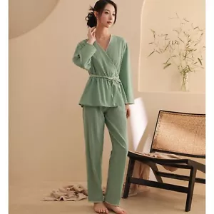 Women's 2 Piece Pajama Set Long Sleeve V Neck Shirt Pants Soft Cotton Wrap Pjs - Picture 1 of 15