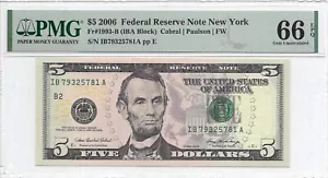 2006 $5 NEW YORK FRN. PMG GEM Uncirculated 66 EPQ Banknote. - Picture 1 of 2