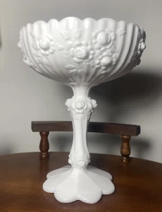 Vintage Fenton Cabbage Rose Milk Glass Compote Candy Dish Bowl White Roses - Picture 1 of 8