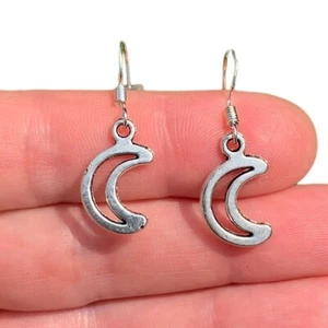 Silver Crescent Moon Dangle Earrings Sterling Silver Hooks Gift For Moon Lovers - Picture 1 of 4