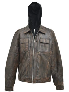 Chaqueta de cuero para hombre de colección encerada suave invierno cuero real chaqueta con capucha extraíble - Imagen 1 de 2