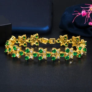 Luxury Dubai 18k Gold Royal Blue CZ Leaf Bracelet Bangle for Women Daily Party - Bild 1 von 14