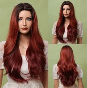 Women Long Body Wave Wine Red Wig Synthetic Heat Safe Soft Cos Party Daily Wear - Picture 1 of 12
