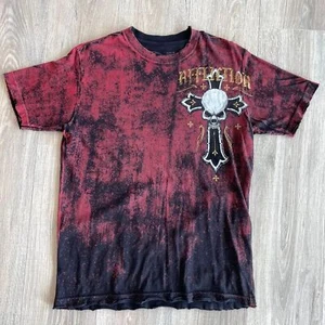 T-shirt maglietta uomo Affliction rosso e oro teschio croce ala invecchiata Y2K grunge - Foto 1 di 8