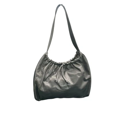 Bolso de Hombro Hobo holgado de Cuero Negro Ann Taylor Bolso de Mano con Cordón Acanalado Foto 1 de 4