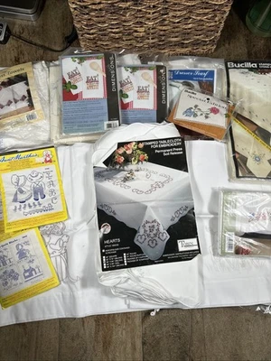 Lot STAMPED LINENS For Embroidery & CrossStitch Towels/Pillowcases/Tablecloth ++ - Image 1 of 4