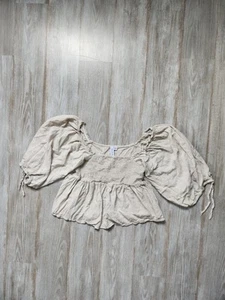 Grace + Karma Beige Linen Blend Peasant Top Baby Doll Smocked Puff Sleeve Size M - Picture 1 of 7