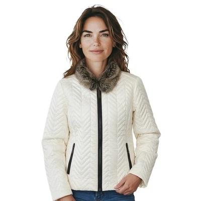 Chaqueta acolchada Charter Club talla L ribete de cuero sintético y cuello extraíble de piel sintética Foto 1 de 4