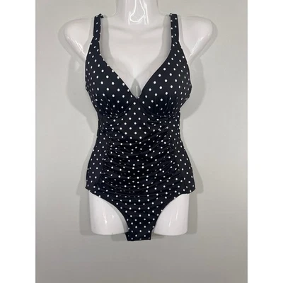 SPANX Black Polka Dot One Piece Swimsuit Tummy Control Ruched Adjustable Straps - Image 1 of 4
