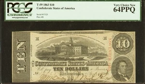 PCGS CU64. T-59 1863 Confederate States $10 Civil War Obsolete Banknote Currency - Picture 1 of 5