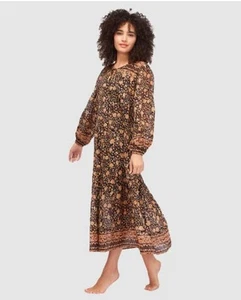 Billabong Size M 10 Dress Black Floral Maxi Storm Rider Long Sleeve Boho - Picture 1 of 9