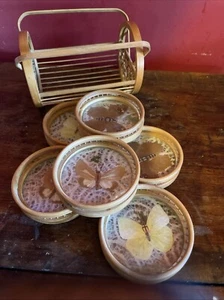Vintage 1970s Interpur Bamboo Butterfly Coaster Set Of 6 Mid Century Modern - Picture 1 of 4
