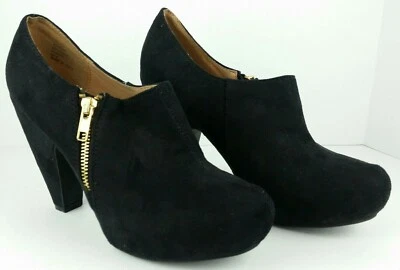 Botas de tornozelo femininas Mix No 6 "Karin" (8) salto camurça preta com zíper dourado - Imagem 1 de 4