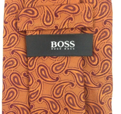 Hugo Boss 橙色栗色佩斯利厚丝绸男式领带(60 x 3.5 英寸),意大利 — 第 1/4 张图片