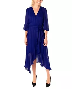 Maison Tara Damen blau High Low Viertelärmel Midi Wickelkleid NEU Größe 16 - Bild 1 von 5