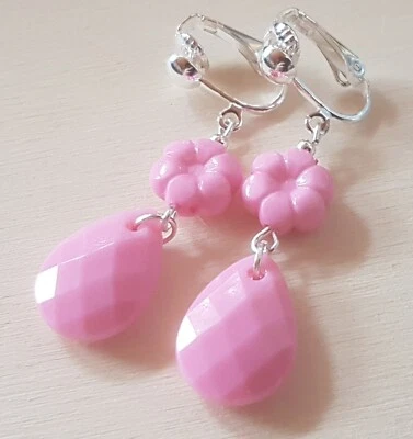 OHRCLIPS CLIPS VERSILBERT ROSA TROPFEN PERLEN BLUMEN - Bild 1 von 2