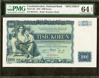 Czechoslovakia 1000 Korun SPECIMEN 1934 Pick-26s Choice UNC PMG 64 EPQ - Image 1 of 2