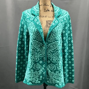 Issac Mizahi Live Strickjacke Damen L grün Paisley Baumwolle Knopfleiste Strickpullover - Bild 1 von 8
