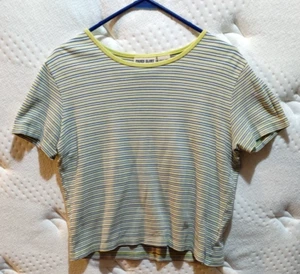 Faded Glory blau/grün/weiß gestreiftes großes dehnbares T-Shirt - wie besehen/ABGENUTZT! - Bild 1 von 3