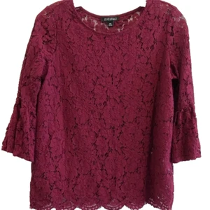 Roz & Ali Women's Burgundy Lace Top 3/4 Bell Sleeve Lined Blouse Size PM - Picture 1 of 10