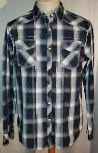 Camicia uomo BKE media manica lunga perla snap vestibilità atletica blu grigio bianco a quadri - Foto 1 di 6