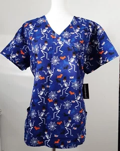 Cassandra O Halloween Skeletons Nurses Scrub Top Size XL Blue V-neck NWT  - Picture 1 of 10